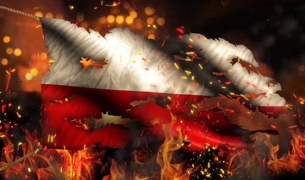 Polonia Fuego ardiente Bandera Guerra Conflicto Noche 3D — Foto de Stock