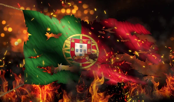 Portugal Burning Fire Flag War Conflict Night 3D — Stock Photo, Image