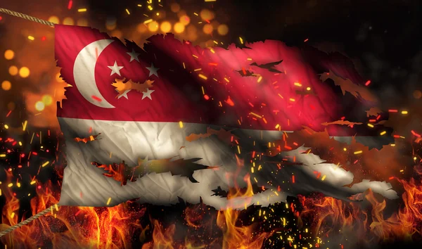 Singapura Queimando fogo Bandeira Guerra Conflito Noite 3D — Fotografia de Stock