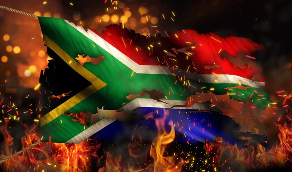 South Africa Burning Fire Flag War Conflict Night 3D — Stock Photo, Image