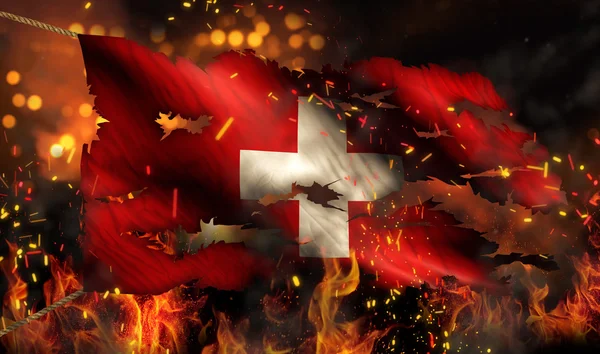 Schweiz brennt Feuer Flagge Krieg Konflikt Nacht 3d — Stockfoto