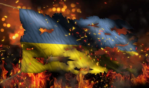 Ukraine Burning Fire Flag War Conflict Night 3D — Stock Photo, Image