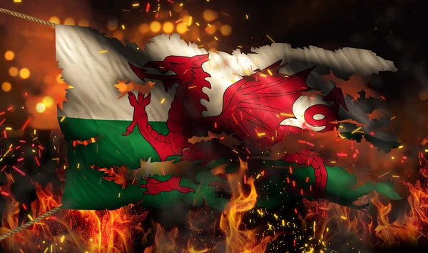 Wales Burning Fire Flag War Conflict Night 3D — Stock Photo, Image