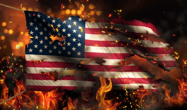 EUA América Queimando Fogo Bandeira Guerra Conflito Noite 3D — Fotografia de Stock