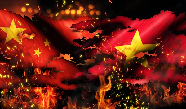 China vietnam vlag oorlog verscheurd brand internationale conflict 3d — Stockfoto