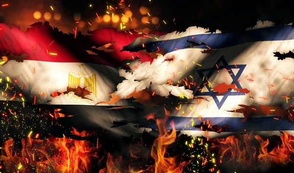 Izrael Egipt flaga rozdartym wojną ogień międzynarodowych konfliktów 3d — Zdjęcie stockowe
