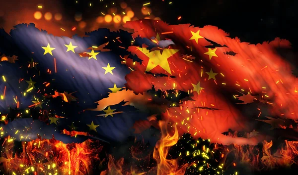 Europa china vlag oorlog verscheurd brand internationale conflict 3d — Stockfoto