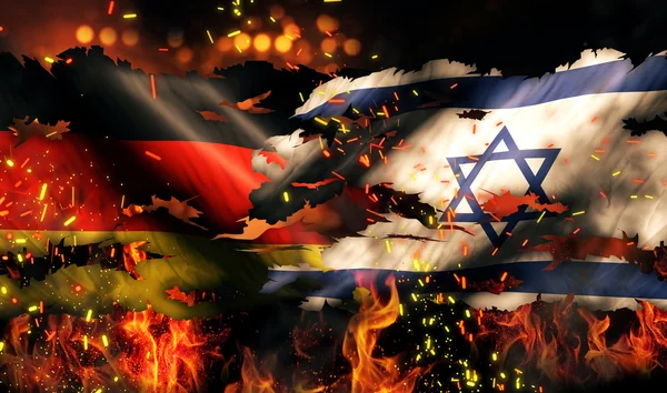 Deutschland israel flag krieg zerrissen feuer internationaler konflikt 3d — Stockfoto