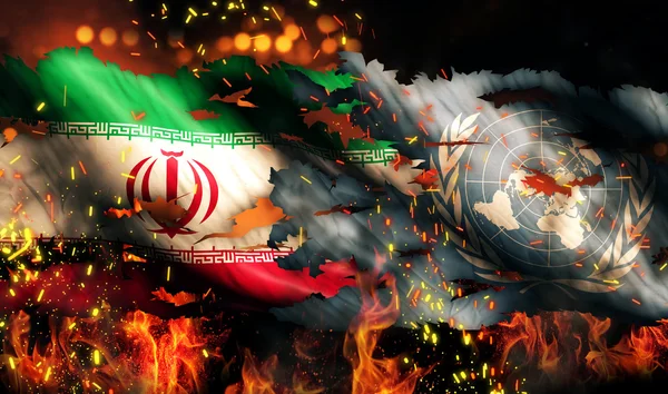 Ιράν ΟΗΕ σημαία εμπόλεμη φωτιά διεθνή σύγκρουση 3d — Φωτογραφία Αρχείου