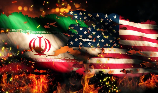 Iran USA Flag War Torn Fire International Conflict 3D — Stock Photo, Image