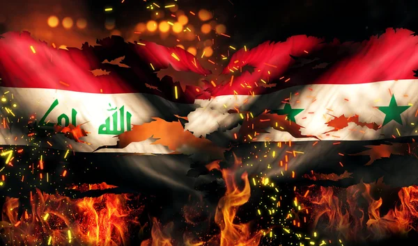 Iraq Syria Flag War Torn Fire International Conflict 3D — Stock Photo, Image