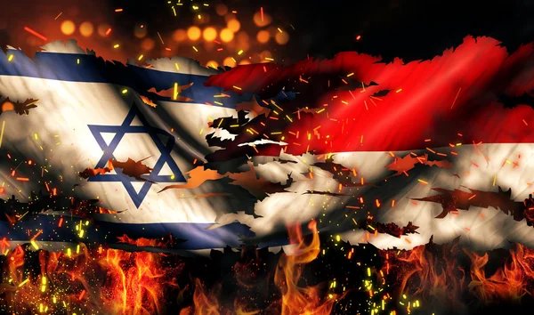 Israel Indonésia Bandeira Guerra Torn Fire Conflito Internacional 3D — Fotografia de Stock