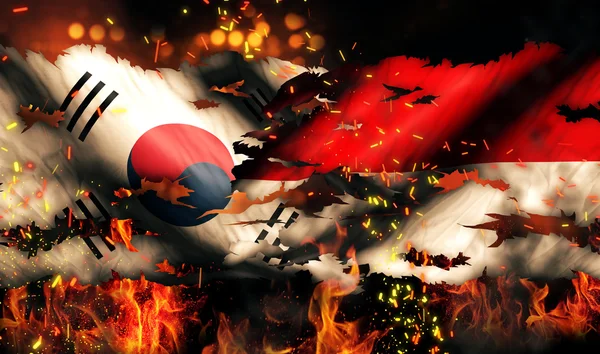 Coreia do Sul Indonésia Bandeira Guerra Torn Fire Conflito Internacional 3D — Fotografia de Stock