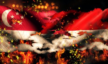 Singapur Endonezya bayrağı yırtık savaşın yangın uluslararası çatışma 3d