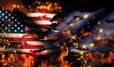 USA Europa nationella flagga krigshärjade brand internationella konflikt 3d