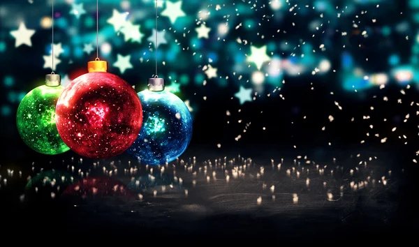Opknoping van de kerstballen Kerstmis blauwe sterren nacht bokeh prachtige 3d — Stockfoto