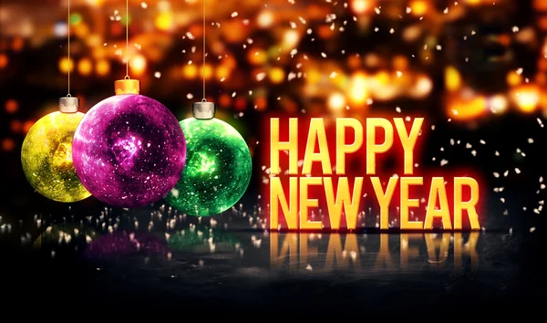 Feliz año nuevo colgando bolas amarillo Bokeh Hermosa 3D — Foto de Stock