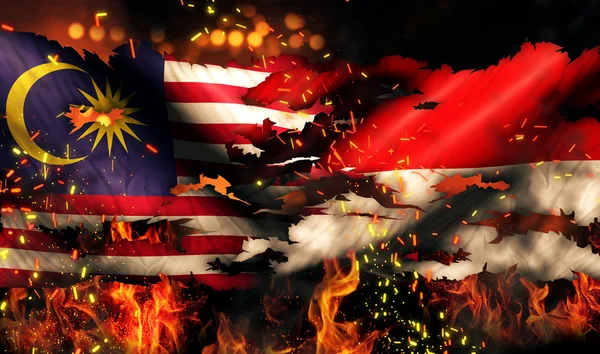 Malaysia Indonesia Flag War Torn Fire International Conflict 3D