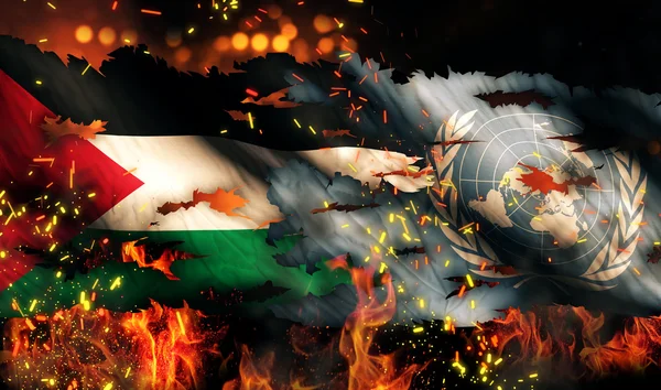 Palestina Bandera de la ONU Guerra Fuego desgarrado Conflicto Internacional 3D —  Fotos de Stock