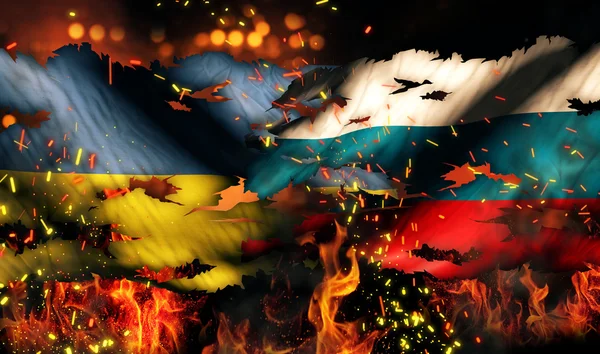우크라이나 러시아 깃발 전쟁 찢어진 화재 국제 3 차원 충돌 — 스톡 사진
