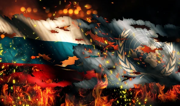 Rússia ONU Bandeira Guerra Torn Fire Conflito Internacional 3D — Fotografia de Stock