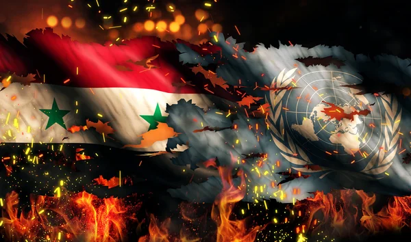 Siria Bandera de la ONU Guerra Fuego desgarrado Conflicto Internacional 3D —  Fotos de Stock