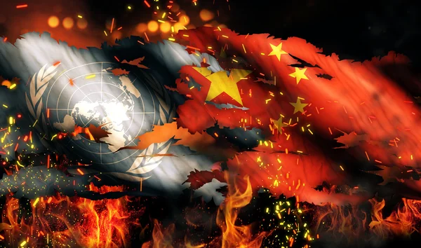 联合国中国国旗饱受战争创伤的消防国际冲突 3d — 图库照片
