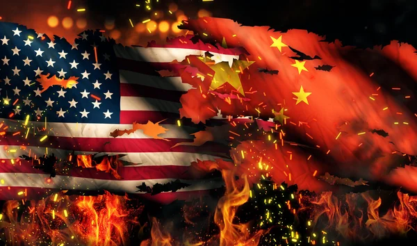 USA China National Flag War Torn Fire International Conflict 3D — Stock Photo, Image