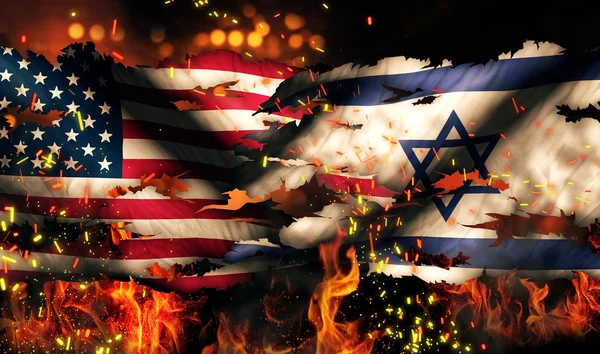 Usa israel nationale Flagge Krieg zerrissen Feuer internationaler Konflikt 3d — Stockfoto