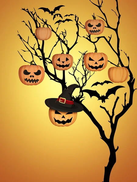 Tree Halloween Pumpkins Bats Orange Background — Stock Photo, Image