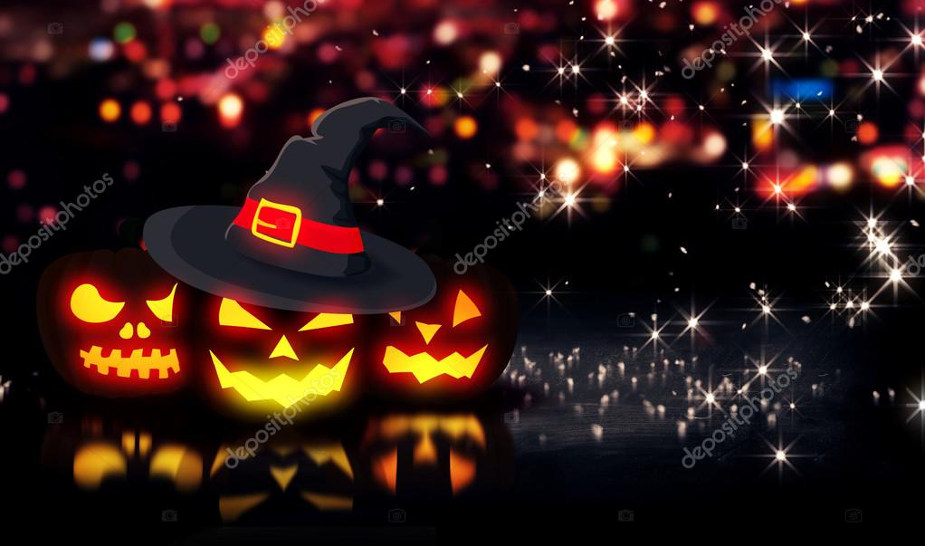 Halloween Glowing Three Pumpkins Night City Bokeh Background 3d Stock Photo C Natanaelginting 54989141