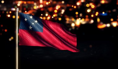Bağımsız Samoa Devleti ulusal bayrak şehir ışık gece Bokeh arka plan 3d