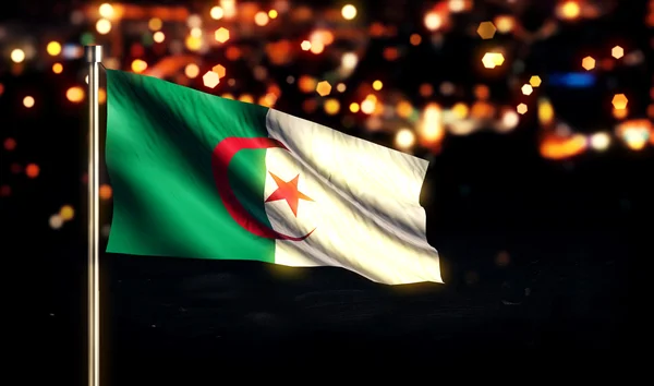 Algeriet National flagga City ljus natt Bokeh bakgrund 3d — Stockfoto