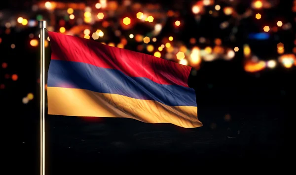 Armenia Bandera Nacional Ciudad Luz Noche Bokeh Fondo 3D — Foto de Stock