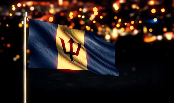 Barbados Bandeira Nacional Cidade Luz Noite Bokeh Fundo 3D — Fotografia de Stock