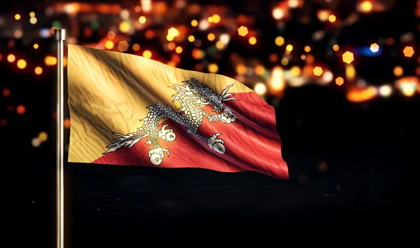 Bandera Nacional de Bután Ciudad Luz Noche Bokeh Fondo 3D — Foto de Stock