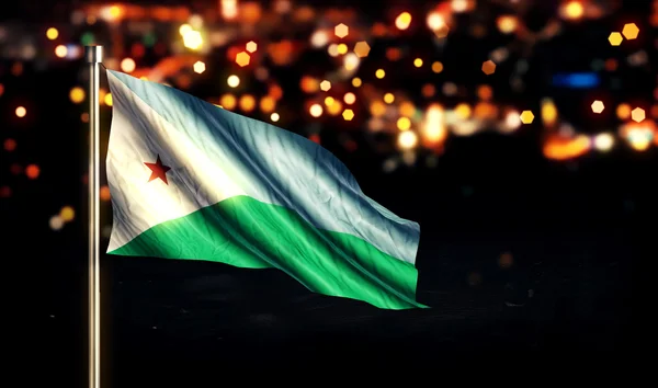 Djibouti nationale vlag stad licht nacht Bokeh achtergrond 3d — Stockfoto