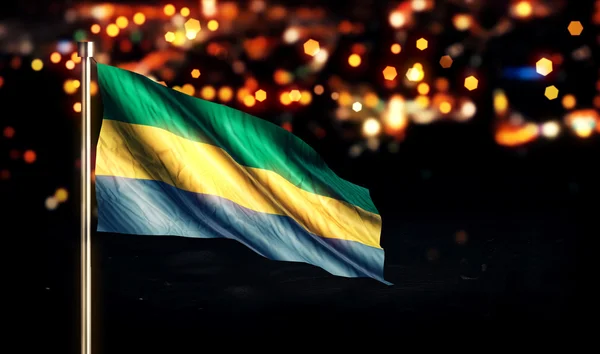 Gabon National Drapeau Ville Lumière Nuit Bokeh Arrière-plan 3D — Photo