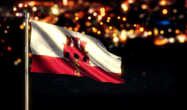 Gibraltar Bandera Nacional Ciudad Luz Noche Bokeh Fondo 3D — Foto de Stock