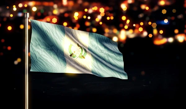 Guatemala Bandera Nacional Ciudad Luz Noche Bokeh Fondo 3D — Foto de Stock