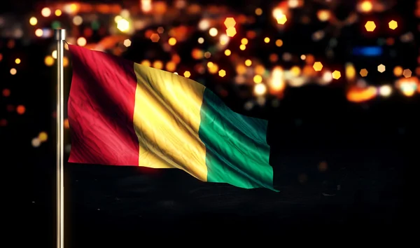 Guinea National Flag City Light Night Bokeh Background 3D — Stock Photo, Image