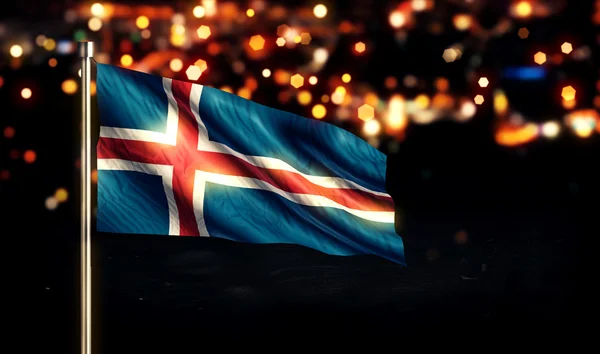 Island národní vlajky města světlo v noci Bokeh pozadí 3d — Stock fotografie