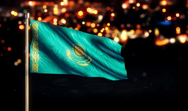 Kazakhstan National Flag City Light Night Bokeh Background 3D — Stock Photo, Image