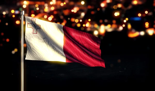 Malta Bandera Nacional Ciudad Luz Noche Bokeh Fondo 3D —  Fotos de Stock