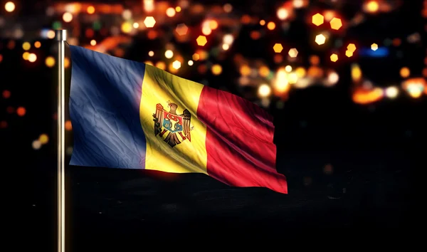 Moldaviens nationella flagga staden ljus natt Bokeh bakgrund 3d — Stockfoto