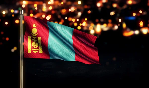 Mongolia Bandiera Nazionale Città Luce Notte Bokeh Sfondo 3D — Foto Stock