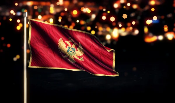 Montenegro Bandeira Nacional Cidade Luz Noite Bokeh Fundo 3D — Fotografia de Stock