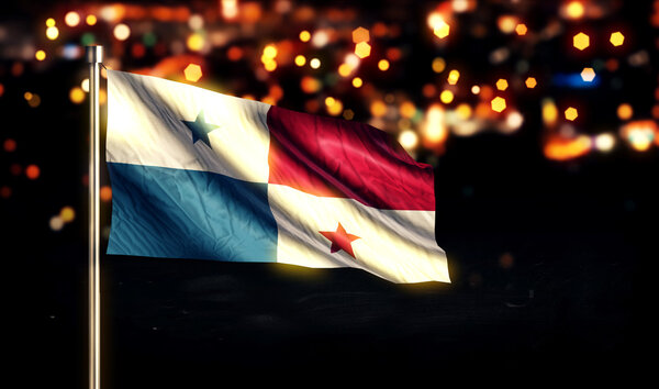 Panama National Flag City Light Night Bokeh Background 3D