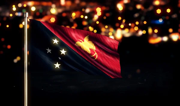 Папуа-Нова Гвінея Національний прапор місто світло вночі Боке тло 3d — стокове фото