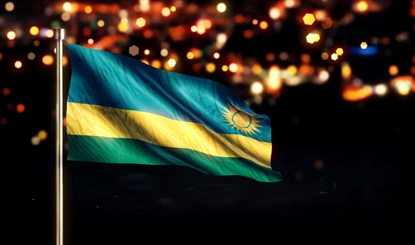 Ruanda Bandiera Nazionale Città Luce Notte Bokeh sfondo 3D — Foto Stock